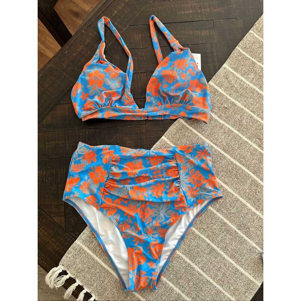 Cupshe Blue and Orange Hawaiian Print High Rise Bikini Size Medium New